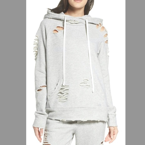 Alo Gray Distressed Hooded Sweatshirt Pullover Top - Picture 1 of 9